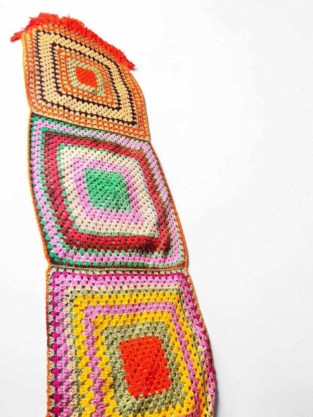Handmade Crochet Bed Runner 90x25 Boho Granny Square Fringe Throw